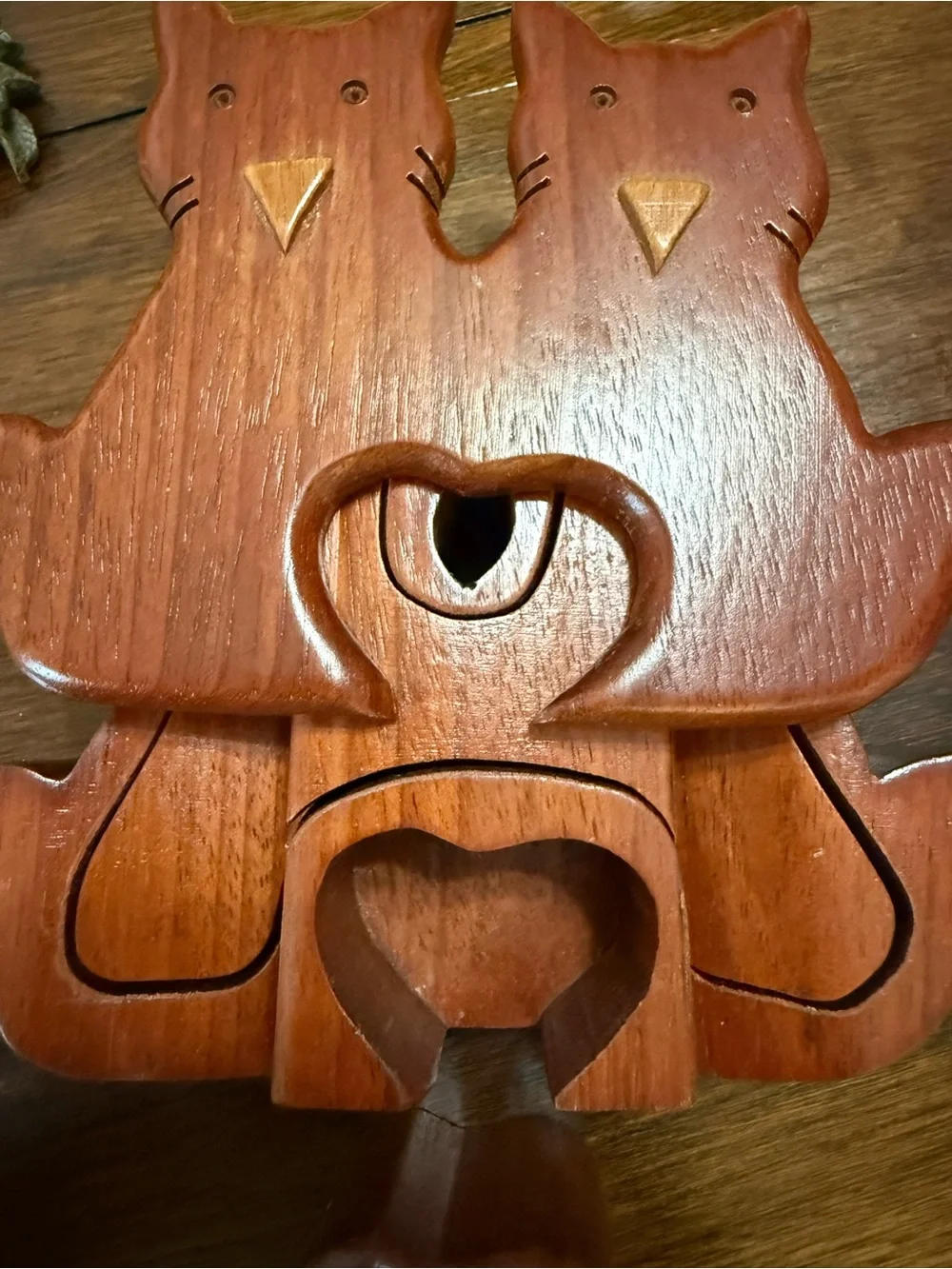 Cat Secret puzzle Box Stash Trinket carved wood Art Two Cats Velvet Lined